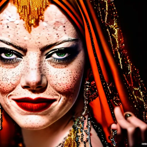 Image similar to a portrait of emma stone dressed as a belly dancer, arabian night, high quality, fully detailed, 4 k, in focus face with fine details, realistic hand details and anatomy