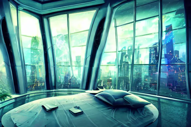 Image similar to a futuristic bedroom with large curved ceiling high windows looking out to a far future cyberpunk cityscape, cyberpunk neon lights, raining, scifi