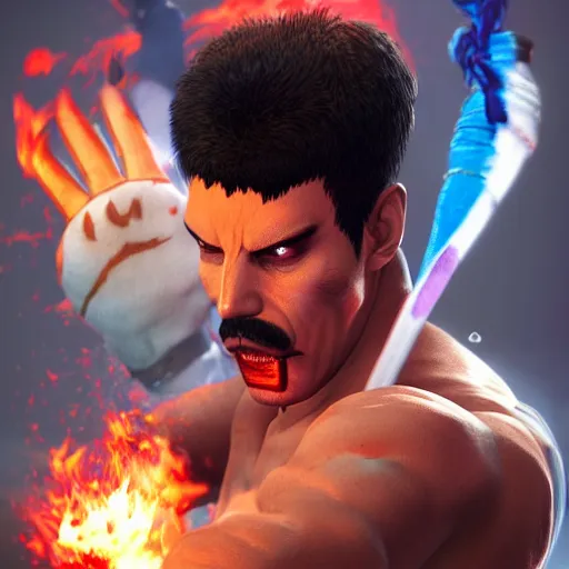 Image similar to freddy mercury as ryu street fighter, action shot, face detail, ultra realistic, concept art, intricate details, highly detailed, photorealistic, octane render, 8 k, unreal engine, art by frank frazetta, simon bisley, brom