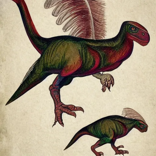 Image similar to professional vintage colored sketch of a feathered dinosaur with full descriptions, on parchment, 8K, HD, highly detailed, high quality