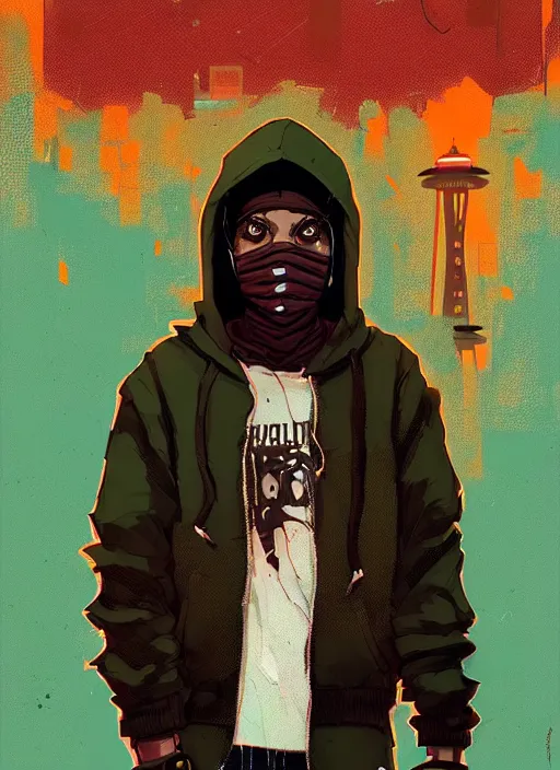 Image similar to highly detailed portrait of a sewer style seattle student, tartan hoody, by atey ghailan, by greg rutkowski, by greg tocchini, by james gilleard, by joe fenton, by kaethe butcher, gradient green, brown, blonde crea, orange, brown and white color scheme, grunge aesthetic!!! ( ( graffiti tag wall background ) )