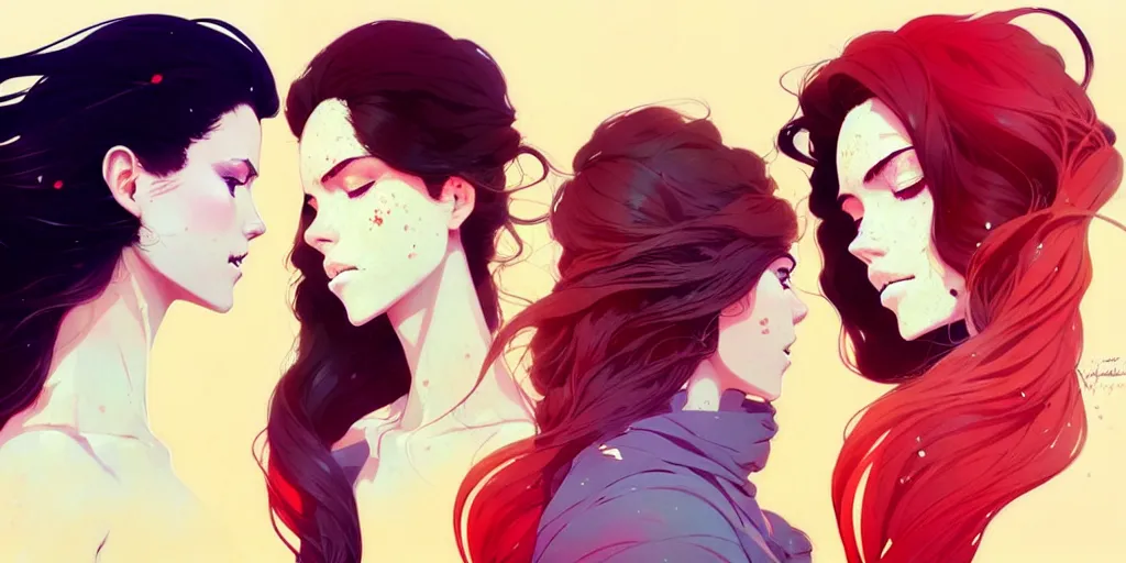 Prompt: a ultradetailed beautiful panting of two stylish woman with flowing hair standing back to back, by conrad roset, greg rutkowski and makoto shinkai, trending on artstation