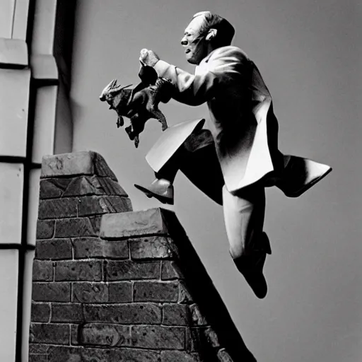 Image similar to frank sinatra riding a gargoyle