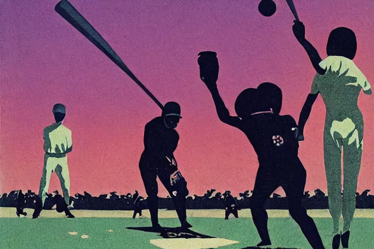 Prompt: demons playing baseball illustrated by karel thole