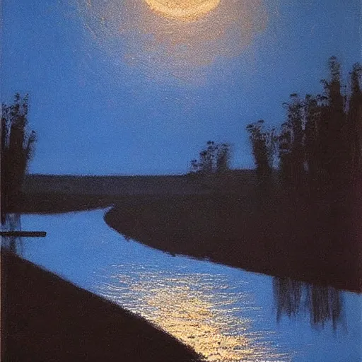 Image similar to moon light reflecting off of a winding river, arkhip kuindzhi painting, teal palette