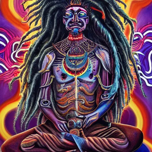 Prompt: a hyper-detailed painting with high details and textures of a psychedelic demon with dreadlocks horns and several eyes, he is in a meditation position and has an open third eye and mystical spiritual powers