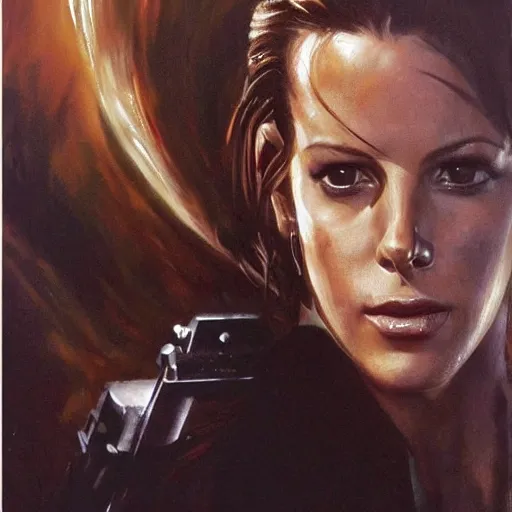 Image similar to ultra realistic portrait painting of kate beckinsale in resident evil, art by frank frazetta, 4 k, ultra realistic, highly detailed, epic lighting.