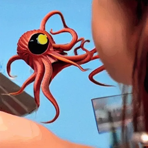 Prompt: flying adorable lady octopus with big eyelashes flirting with the cameraman, real footage, masterpiece