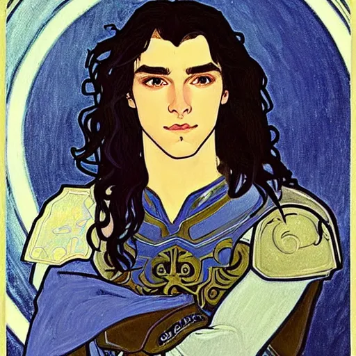 Image similar to painting of young handsome beautiful paladin elf! man with long wavy dark hair in his 2 0 s named shadow taehyung at the blueberry party, wearing armor!, elegant, clear, painting, stylized, delicate, soft facial features, art, art by alphonse mucha, vincent van gogh, egon schiele,