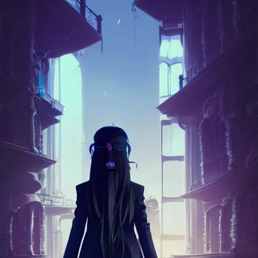 Image similar to low - angle shot from behind of a long blue - haired girl in a tailcoat overlooking noxus, noir, screenshot, sharp focus, intricate, illustration, cell shaded, digital painting, highly detailed, art by ilya kuvshinov, wlop, greg rutkowski, studio quality, james jean