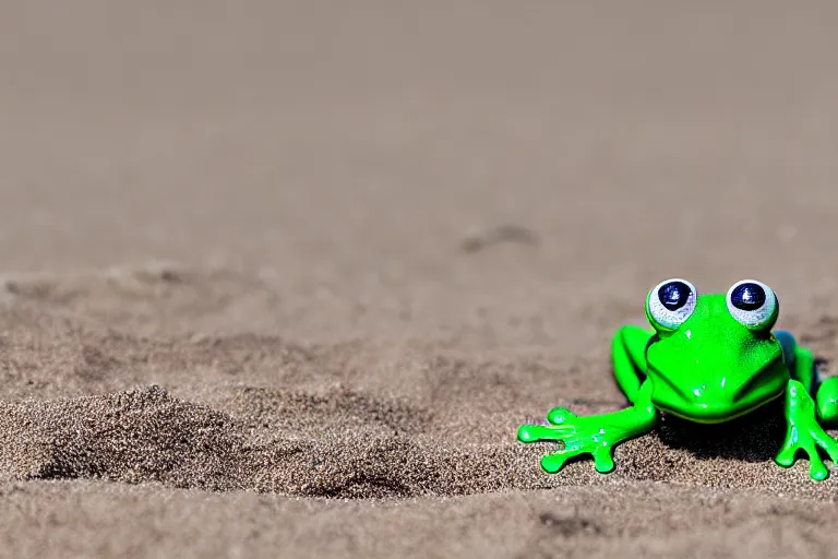 Image similar to fisher price frog on the beach, california, in 2 0 1 5, perfect focus, scene from tv show hyper detailed 5 5 mm 8 5 mm, toy photography, made out of plastic