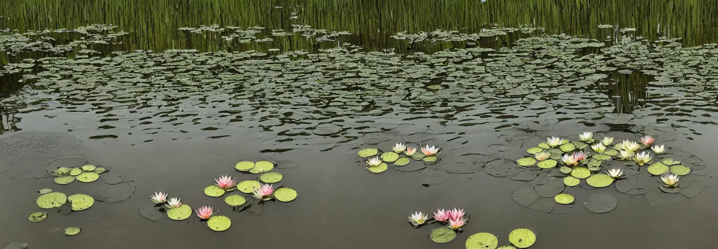 Prompt: A large combat robot lies in the shallow waters of a lake in front of an abandoned cityat sun dawn, water lilies float on the surface of the water