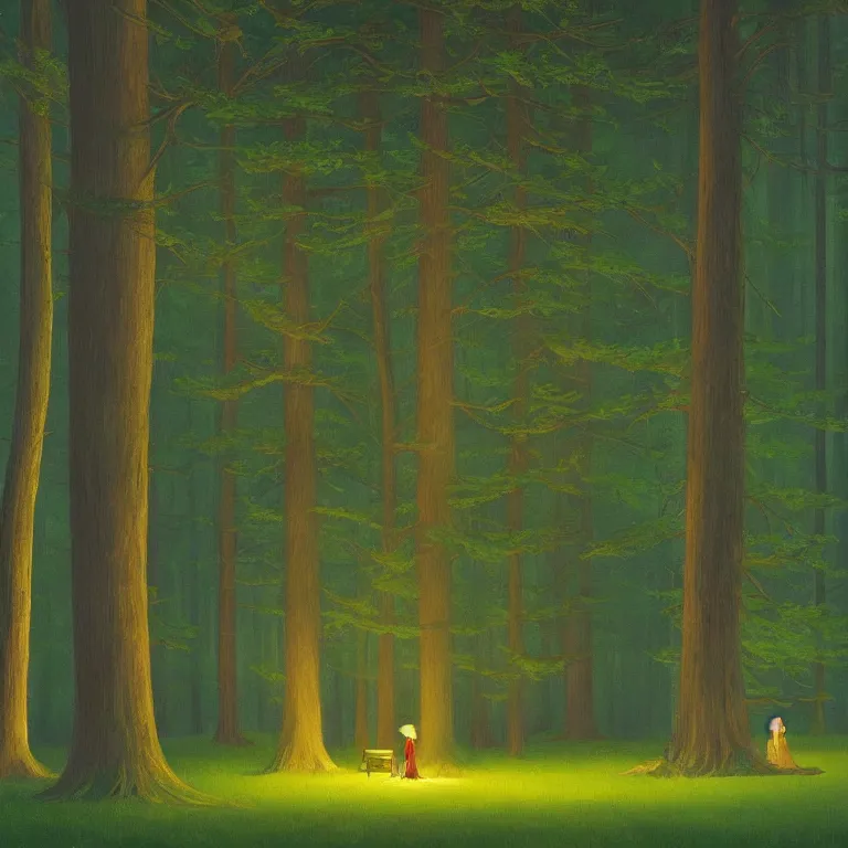 Image similar to a storybook illustration of a hidden forest grove, fireflies, quiet night foggy scene painted by Edward Hopper masterpiece, intricate, elegant, fantasy, highly detailed, digital painting, concept art, sharp focus, artstation