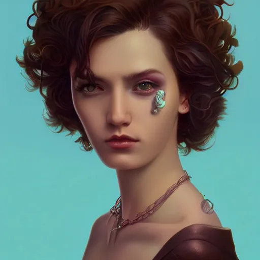 Image similar to Lofi vaporwave cyberpunk portrait woman with short brown curly hair, Pixar style, Tristan Eaton, Stanley Artgerm, Tom Bagshaw