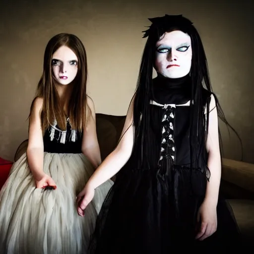 Prompt: 7-year-old goth girl, creepy girl in living room