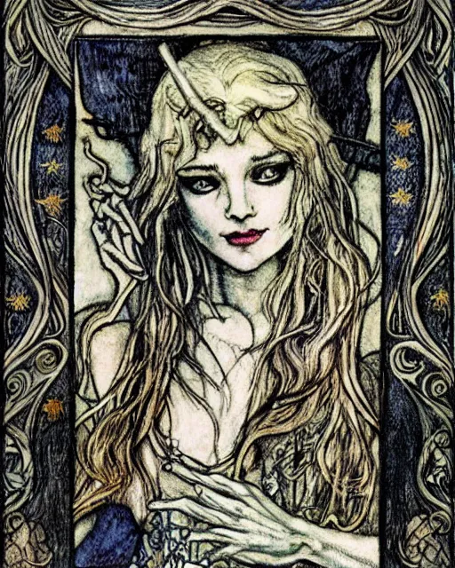 Image similar to tarot card detailed painting, illustration, tarot card framing with roman numbers, in style of Arthur Rackham