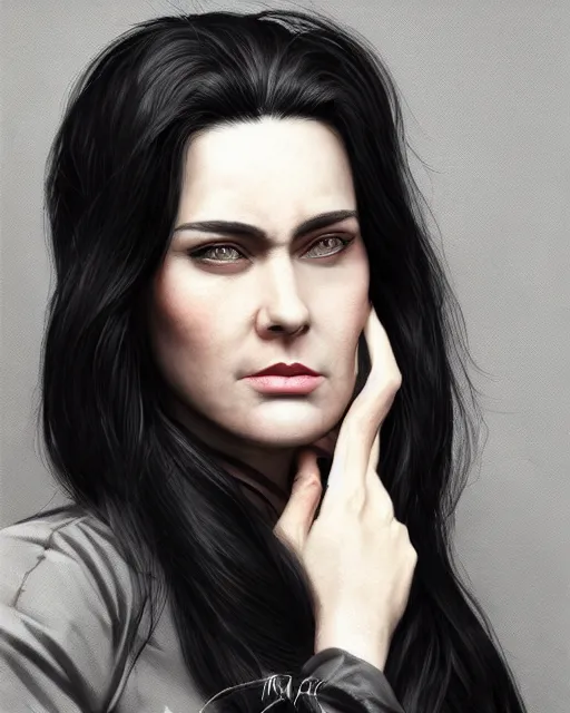 Image similar to portrait of a tall 4 0 - year - old woman with thin lips, long, lush black hair gathered on the head, and thick eyebrows, wearing in black clothes, aristocratic appearance, hyper realistic face, beautiful eyes, character art, art by mark brooks, hyperdetailed, cryengine, trending on artstation, digital art