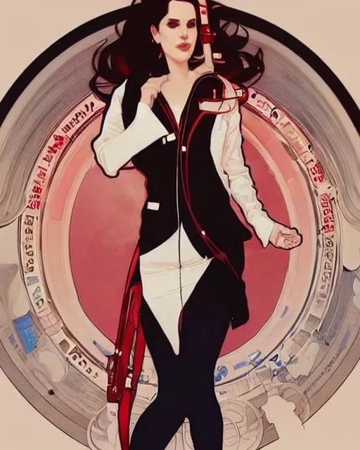 Image similar to lana del rey as a confident scientist, wearing a labcoat, intricate, red white and black color scheme, illustration by krenz cushart, alphonse mucha, artgerm, trending on artstation