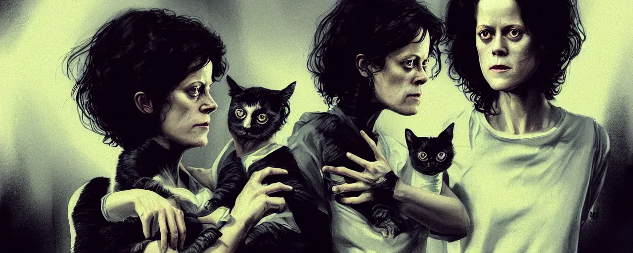 Prompt: duotone dark concept illustration 3 / 4 portrait of young sigourney weaver as ellen ripley holding a cat. cinematic volumetric lighting space. golden ratio accidental renaissance. by sachin teng and sergey kolesov and ruan jia and heng z. graffiti art, scifi, fantasy, hyper detailed. octane render. concept art. trending on artstation