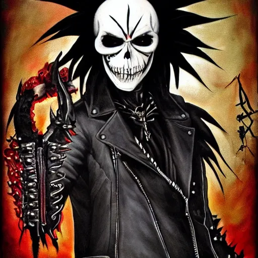 Image similar to a portrait of the grim reaper as a punk rocker, punk, skeleton face, mohawk, dark, fantasy, leather jackets, spiked collars, spiked wristbands, piercings, boots, electric guitars, motorcycles, ultrafine detailed painting by frank frazetta and vito acconci and takeshi obata, death note style, detailed painting