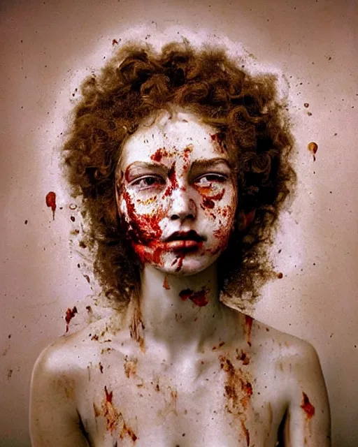 Image similar to a beautiful and eerie baroque painting of a gorgeous young woman bleeding in dead space. She has wild, curly hair, freckles and violence in her eyes photographed in the 1970s