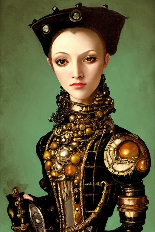 Prompt: portrait, headshot, digital painting, of a 17th century, beautiful, decadent, automaton cyborg merchant girl, Borgia, dark hair, amber jewels, baroque, ornate dark green clothing, scifi, futuristic, realistic, hyperdetailed, underexposed, chiaroscuro, concept art, art by frazetta and caravaggio