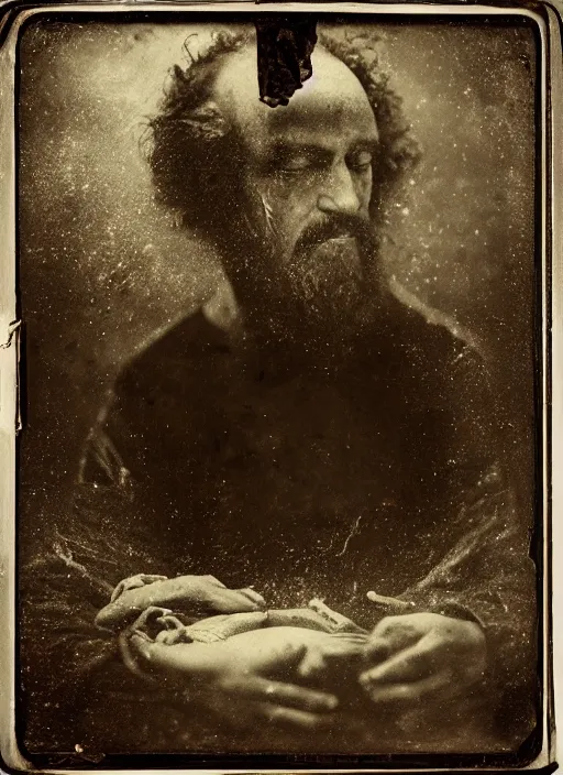 Prompt: old wetplate daguerreotype portrait of the birth of a genius artist, explosion of data fragments, fractal, intricate, elegant, highly detailed, parallax, leica, medium format, subsurface scattering, by jheronimus bosch and greg rutkowski and louis jacques mande daguerre