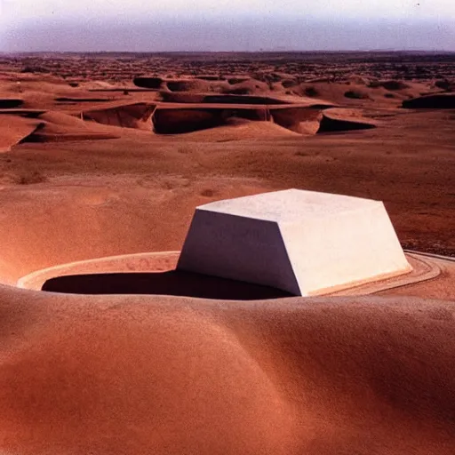 Image similar to a Non-Euclidean orb-like clay building sitting in the desert, vintage photo, beautiful cinematography, blue sky, film grain, aerial view, extreme wide shot, far away, symmetrical, in the distance, James Turrell