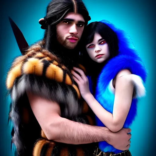 Image similar to a male DND barbarian wearing fur coat holding a small blue-skinned Triton girl with black hair, high resolution film still, 4k, HDR colors