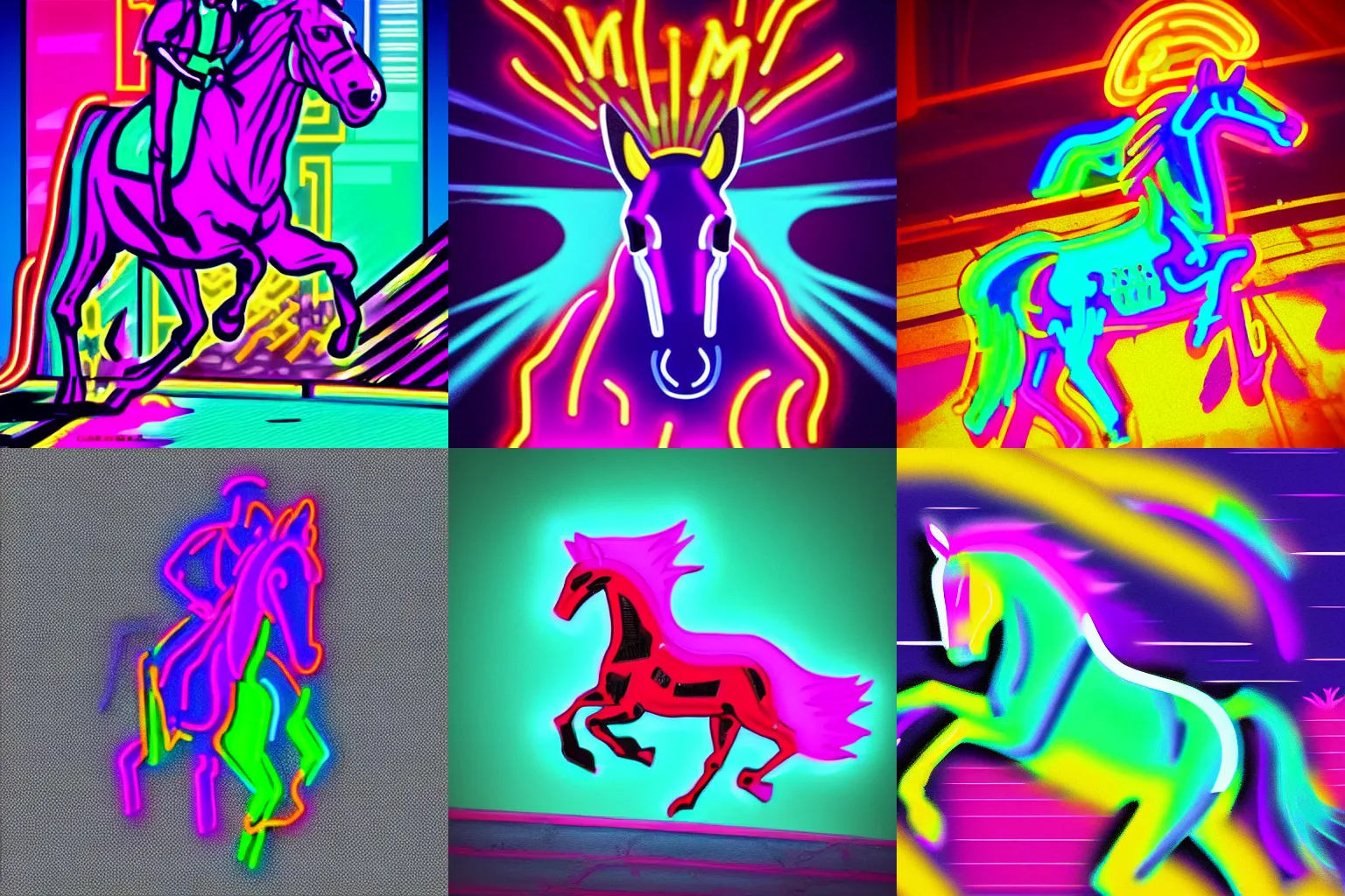 Prompt: neon horse rider. in the style of outrun