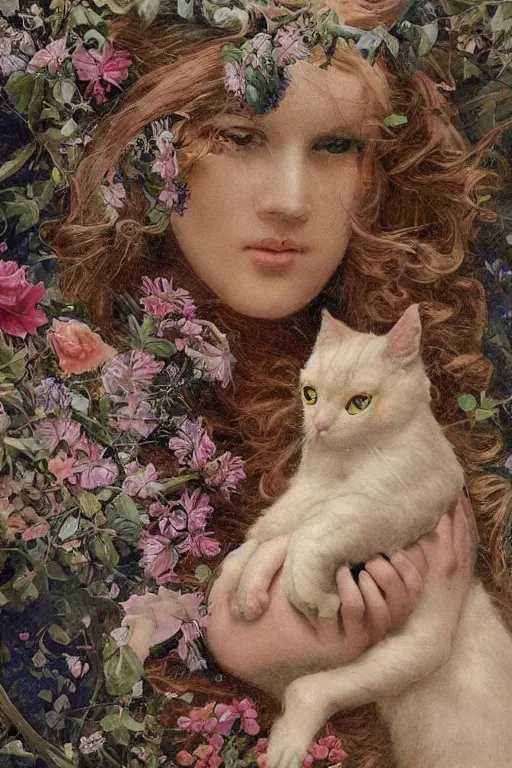 Image similar to An extremely beautiful pre-raphaelite portrait of a cute witch and her cat, surreal, ultradetailed, intricate, elegant, detailed, digital painting, artstation, concept art, smooth, sharp focus, illustration, regal, award winning picture, extremely detailed masterpiece, sense of awe, featured on artstation, Artgerm, effervescent punk kawaii-noir pastel bubbles, winning award piece, ethereal rainbows, Aetherpunk, Exquisite details