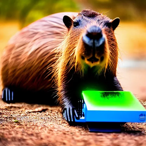 Image similar to cute capybara eating a neon nvidia gpu, chewing on a video card, cooling fans, cyberpunk, wildlife photography, bokeh, golden hour, sharp focus, 3 5 mm, taken by sony a 7 r, 4 k, award winning