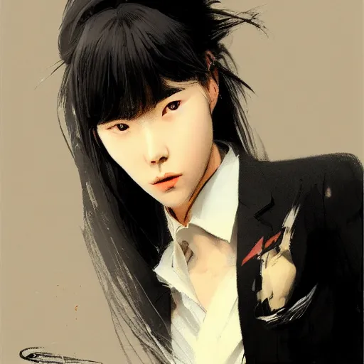 Image similar to portrait of a beautiful korean girl wearing a men's tuxedo, with bangs, very long hair and bangs, angular features, angry expression, dramatic lighting, illustration by Greg rutkowski, yoji shinkawa, 4k, digital art, concept art, trending on artstation