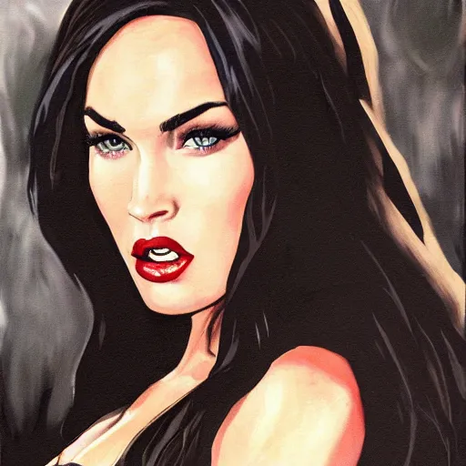 Prompt: megan fox as a vampire, silk, painting