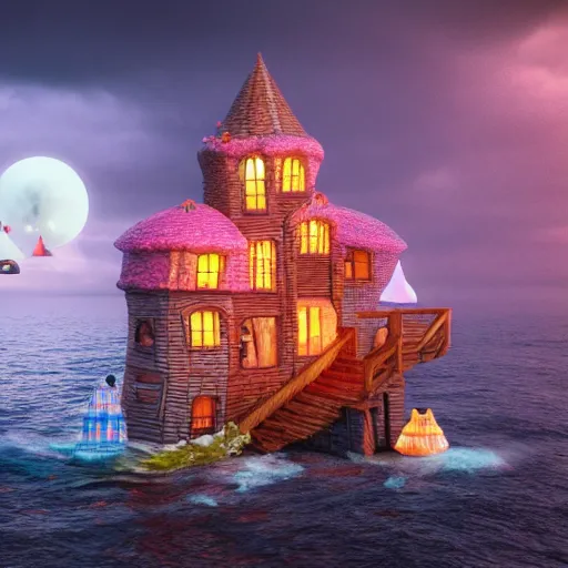 Image similar to a witches house made out of candy floating on the ocean, epic scene, fantasy, cinematic, redshift render, cgi, hyper - detailed, photo - bash, 8 k post - production, masterpiece