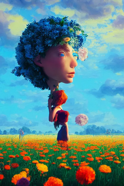 Image similar to closeup, giant flower head, girl in suit floating above field of flowers, surreal photography, sunrise, blue sky, dramatic light, impressionist painting, digital painting, artstation, simon stalenhag