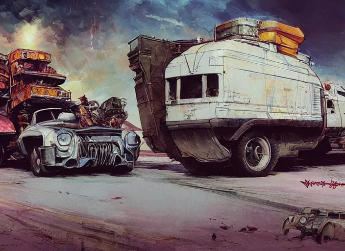 Image similar to ( ( ( ( ( garbage truck, car concept art, sci - fi illustration, painting ) ) ) ) ) by vincent di fate and john berkey and mad max fury road!!!!!!!