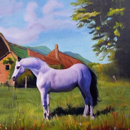 Image similar to A very very very very very very very very very very very very very very very very very very very very beautiful painting of a horse next to a cottage