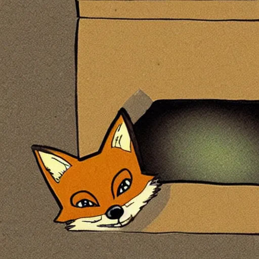 Image similar to fox peeking out from a box, cartoon drawing