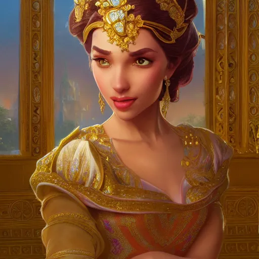 Prompt: beautiful princess jasmin, disney, palace background, intricate, elegant. highly detailed, digital painting, artstation, concept art, smooth, sharp, focus, illustration. art by artgerm and greg rutkowski and alphonse mucha