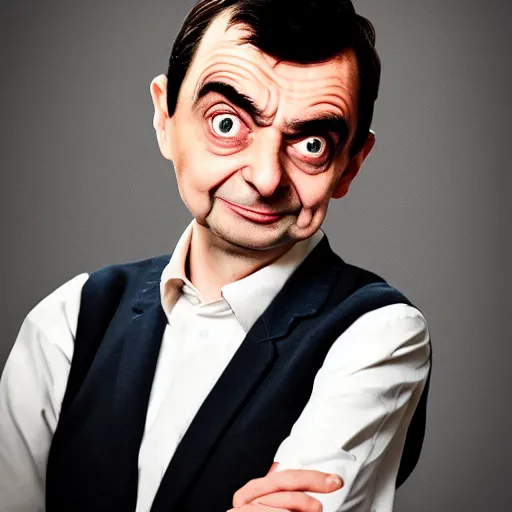 Image similar to A portrait mr bean elizabeth teams up with a teenage mr bean, perfect faces, 50 mm, award winning photography