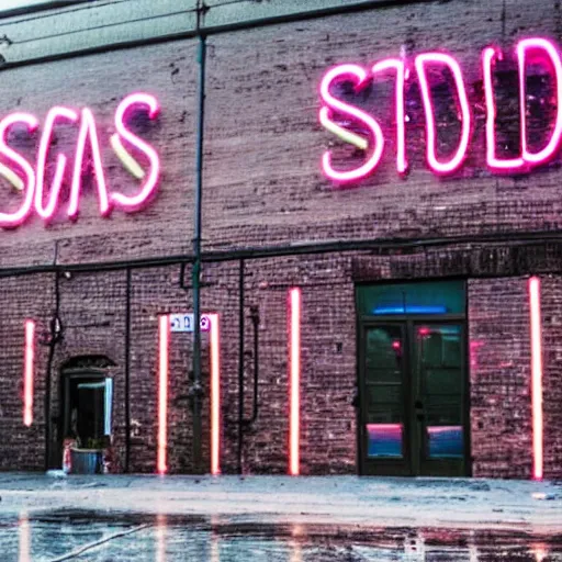 Prompt: a sidewalk covered in soap in front of a soap factory with a lit neon sign saying'soap factory ', bubbles float through the air