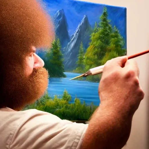 Image similar to a closeup photorealistic photograph of bob ross working on a canvas painting of cookie monster. film still. brightly lit scene. mountains and trees. this 4 k hd image is trending on artstation, featured on behance, well - rendered, extra crisp, features intricate detail, epic composition and the style of unreal engine.