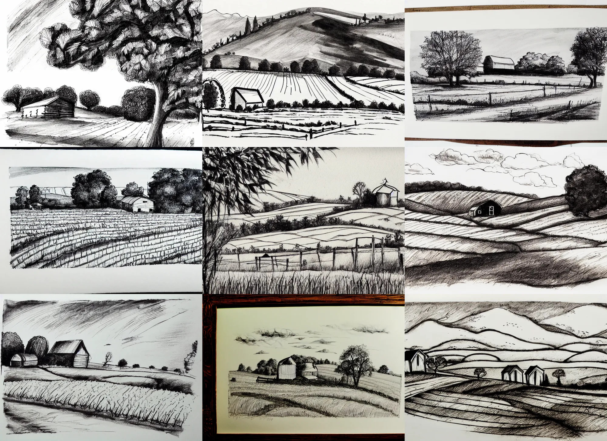 Prompt: a beautiful ink sketch print on paper of Rural landscape with a farm on white background