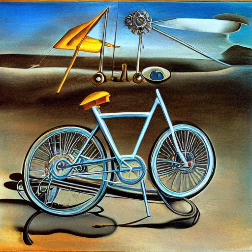 Prompt: dreaming electric bycicle and electic car by Salvador Dali