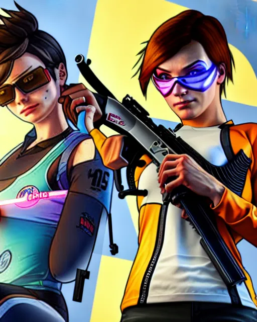 Image similar to gta 5, grand theft auto 5 cover art of tracer from overwatch