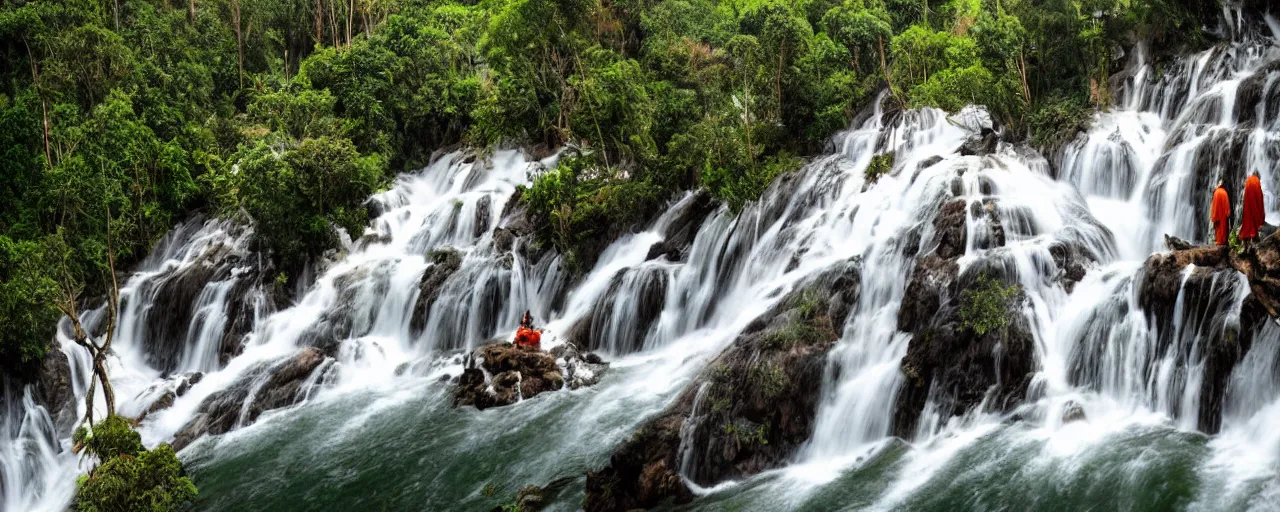 Image similar to a simply breathtaking shot of mediating monk at pongour falls in dalat, 7 layers waterfall, dang ngo