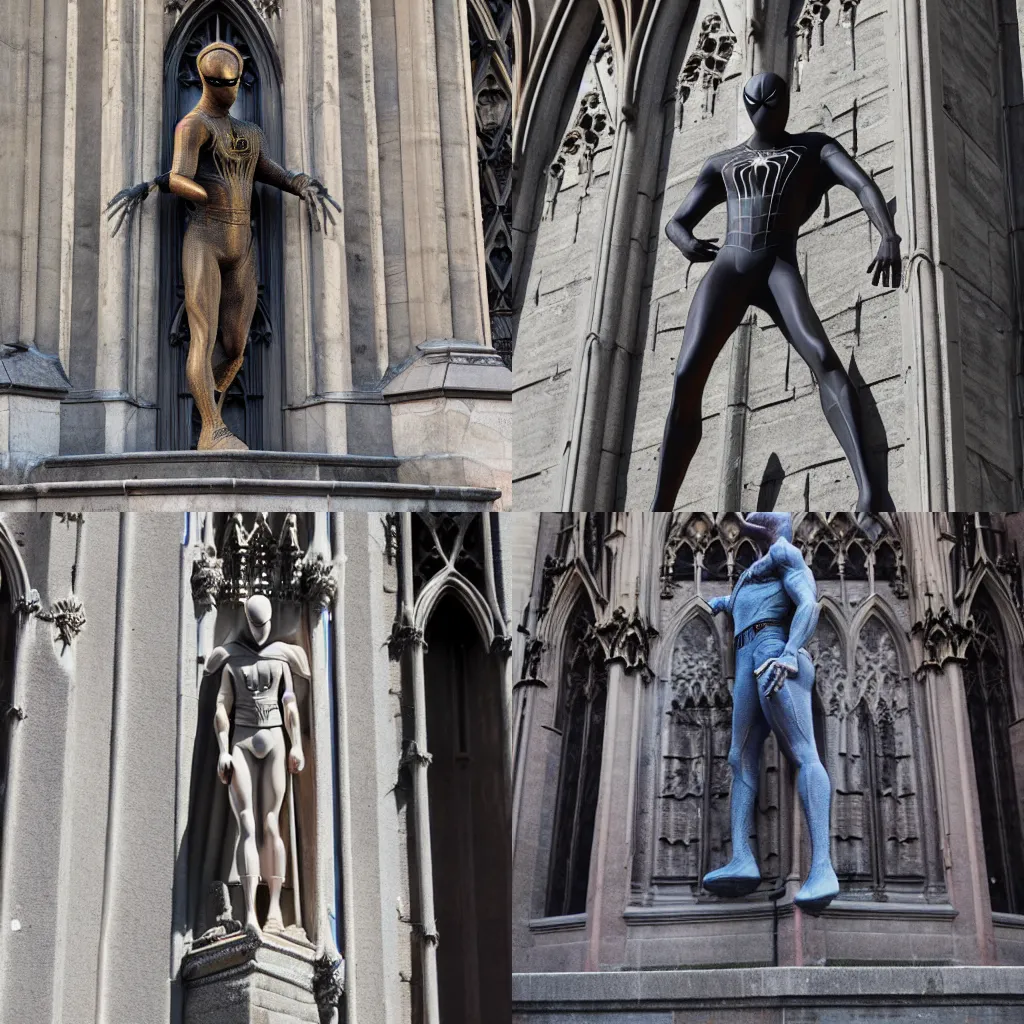 Prompt: A statue of spider man outside a gothic cathederal, facing camera, small covered in dust, goldern hour sunlight, cracks developing in ancient marble