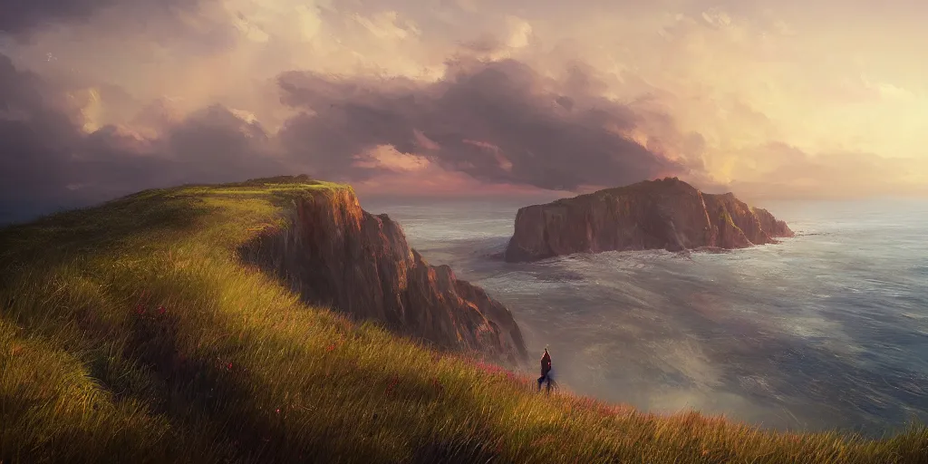 Prompt: Field on the edge of a cliff overlooking the ocean by Jessica Rossier and Alena Aenami trending on artstation