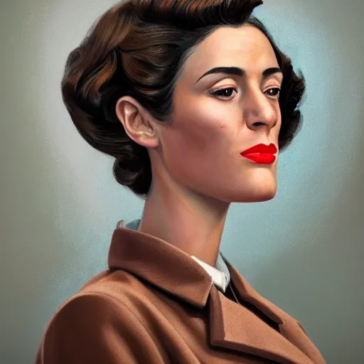 Image similar to A Hearts of Iron IV portrait of a Spanish young woman with high cheekbones. Good bone structure. Dressed in 1940s style. Highly detailed, fine Art, high detail, great lighting, 8k resolution, masterpiece, concept art, illustration, clear eyes, painting oil on canvas, octane render, HDR, trending on artstation, 4k, 8k, HD